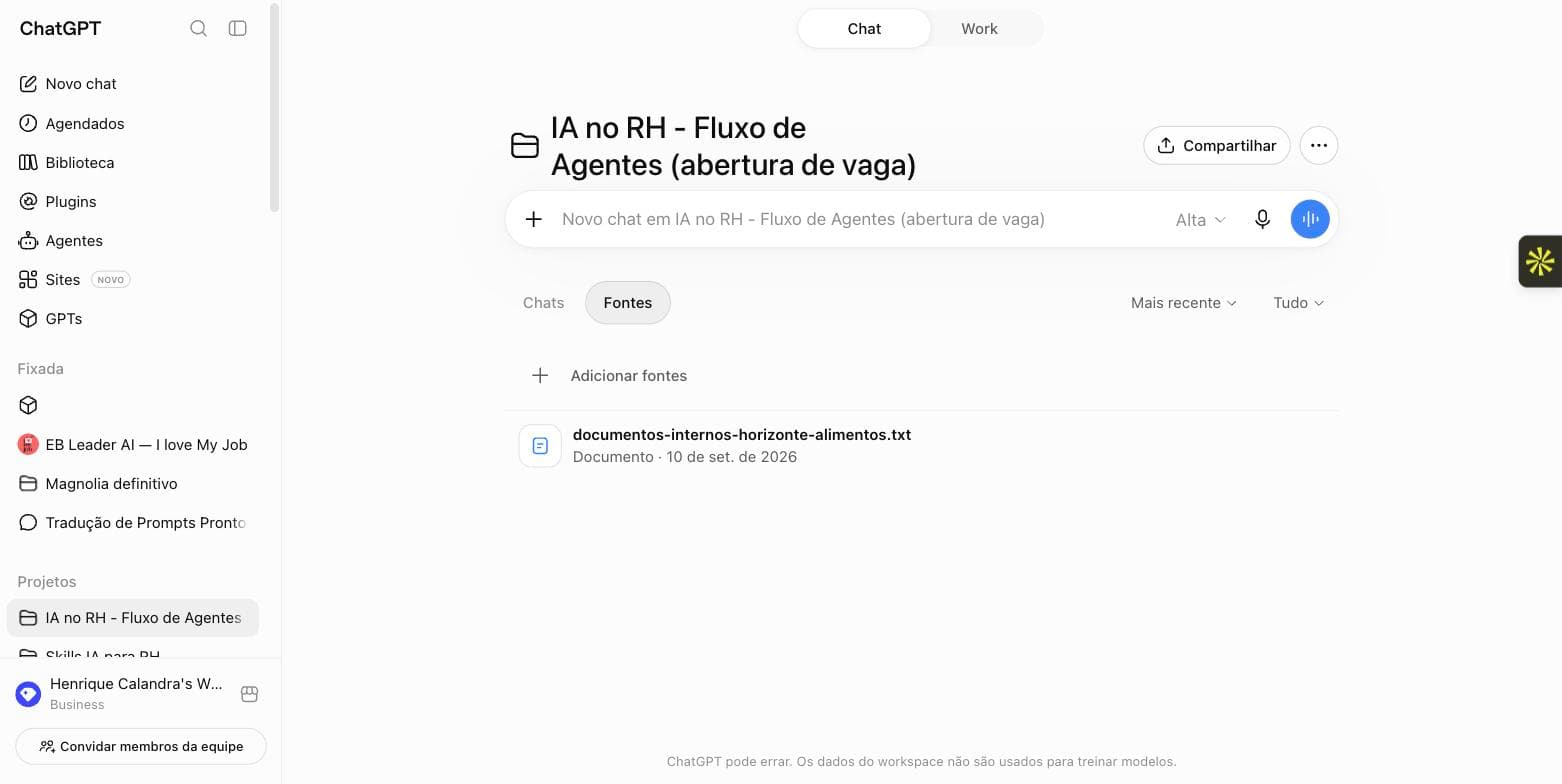 Aba Fontes do projeto no ChatGPT com o arquivo de documentos internos