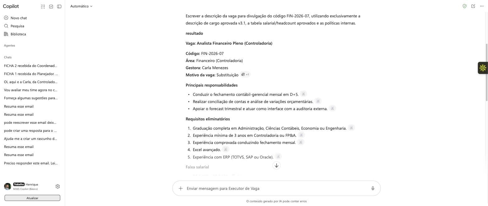 Vaga escrita pelo Executor no Copilot do M365, com os cinco requisitos corretos e chip de citação em cada linha