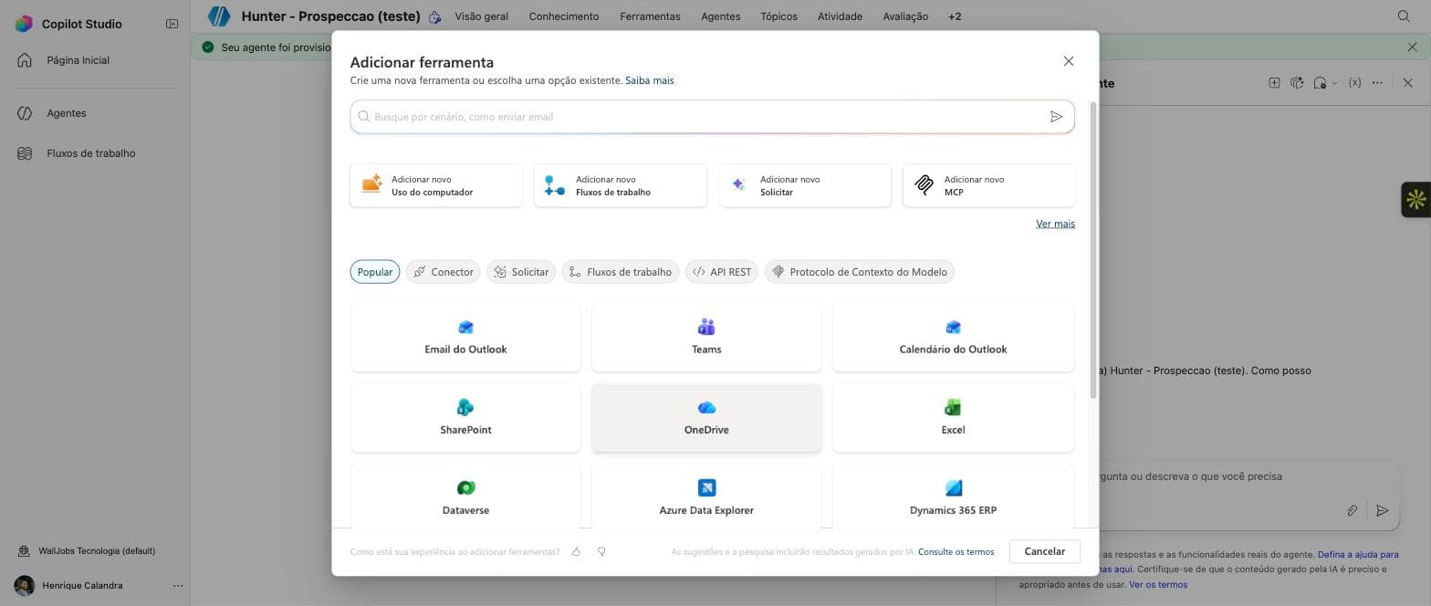 Copilot Studio, tela de adicionar ferramenta com a opção MCP