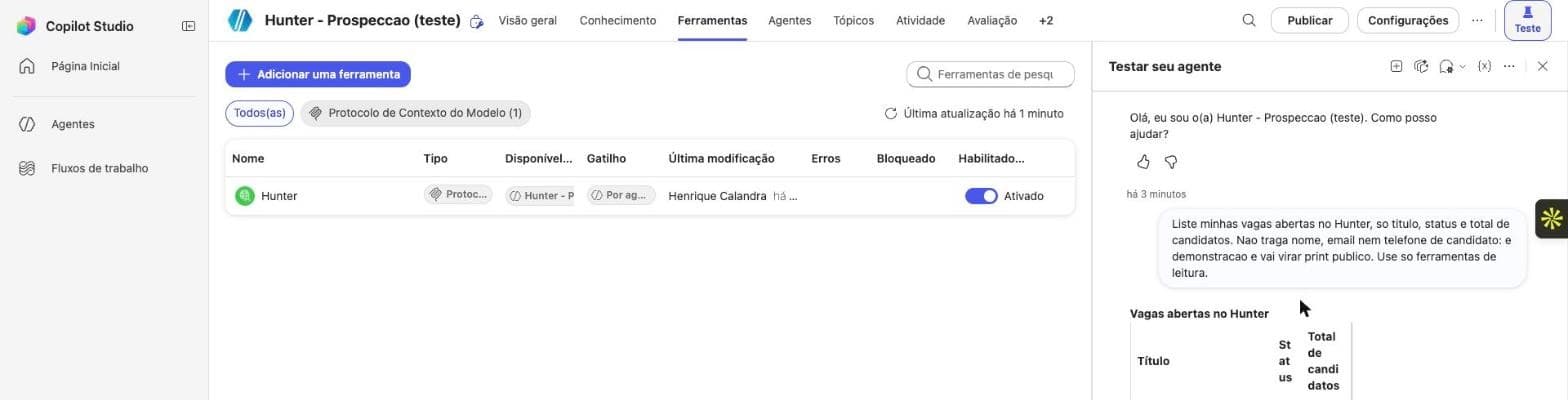 Agente do Copilot Studio com a ferramenta Hunter ativada, respondendo com as vagas do sistema