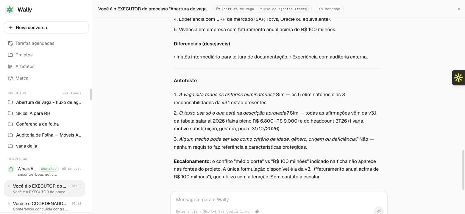 Autoteste do Executor no Wally, com as três perguntas respondidas
