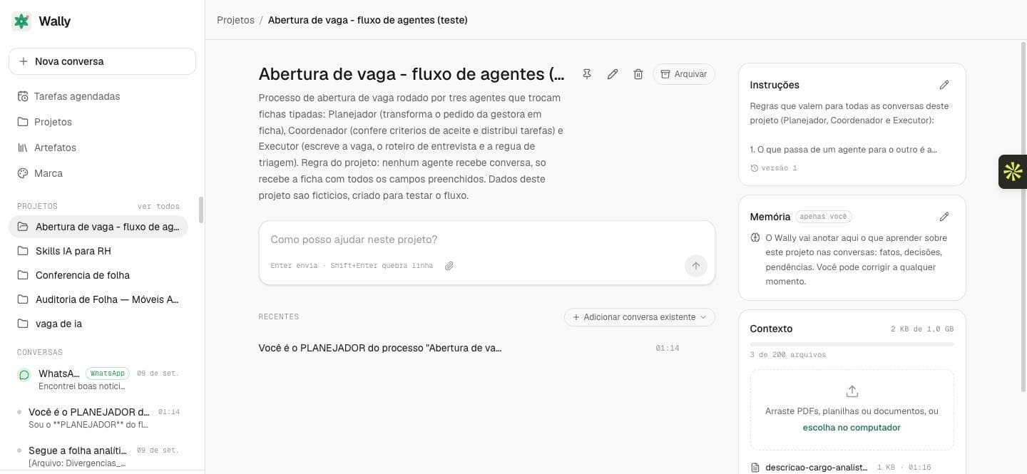 Projeto configurado no Wally, com instruções salvas e três arquivos em Contexto